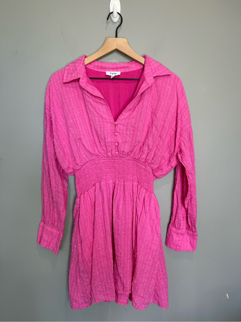 Fate Hot Pink‎ Button-Front Smocked Waist Dress